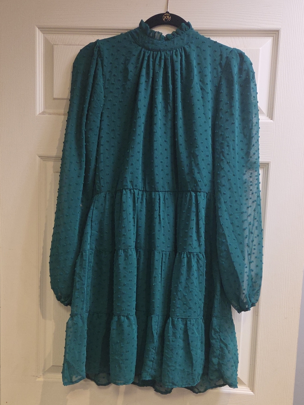 Trixxi Green Teal Swiss Dot Tiered Mock-Neck Long-Sleeve Dress